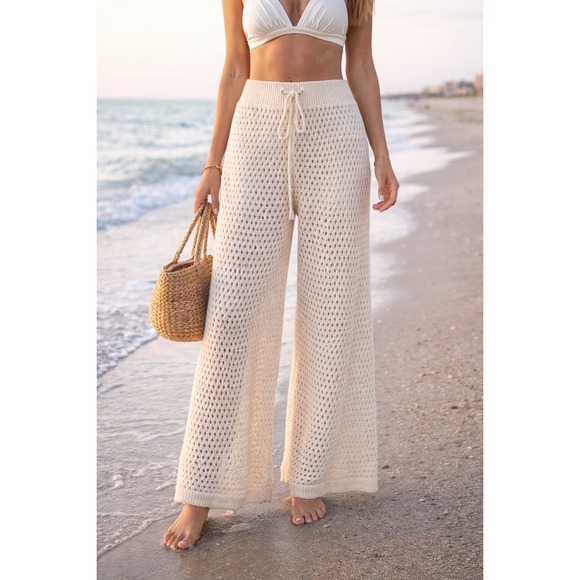 Pants - Crochet Beach CoverUp Pants Women's M Ivory Wide Leg Swim Cover Up Resort Cruise